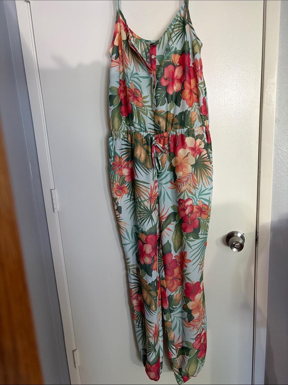 Tommy Bahama Light Blue Tropical Floral Jumpsuit with Pink & Green